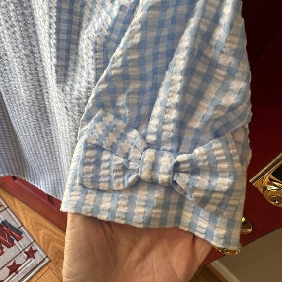 Crown & Ivy Dress Gingham Plaid Blue White Check Women Size Large Bow Sleeves - Picture 2 of 8